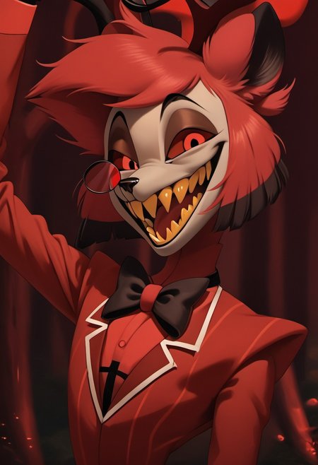 score_9, score_8_up, score_7_up, score_6_up, masterpiece, solo, ((detailed eyes, detailed face, detailed fur, 
BREAK
Great Prince of the Forest, GPotF, deer, buck, disney, antlers, red fur, beige markings, brown eyes, brown eyelids, brown eyeshadow, eyeliner, black eyebrows, anthropomorphic deer, furry, anthro deer, animal focus, alastor_hh, alastor \(hazbin hotel\), solo, red theme, 1boy, red eyes, bow, smile, looking at viewer, evil smile, grin, short hair, bowtie, horror, monocle (theme), sharp teeth, yellow teeth, laughing, open mouth
<lora:add-detail-xl:1.0>