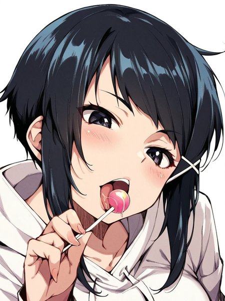 score_9, score_8_up, score_7_up,  
1girl, kyouko ke, black hair, short hair, x hair ornament, large breasts,
black eyes, 

white background, face, close-up, holding lollipop, licking lollipop, looking at viewer, white hoodie,