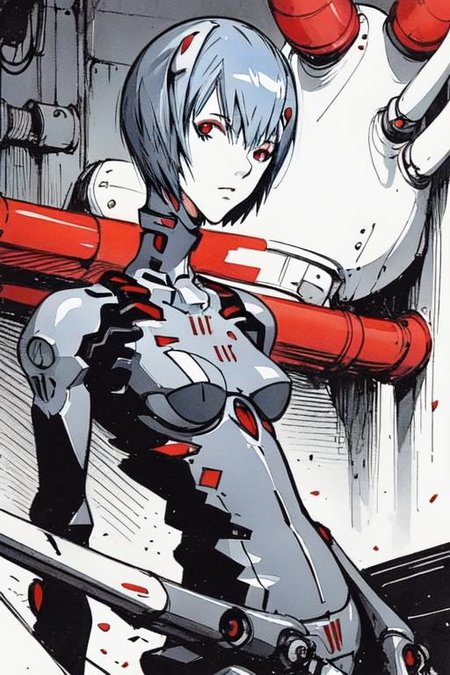 <lora:blame5:1>, cyborg rei ayanami, (ayanami rei:1.2), blue hair, short hair, (red eyes:1.3), portrait, dim light, ((heavy black and white)), only head portrait, blame, full of tubes, biomechanical, giger, horror, mechanical, tubes and metal, rei ayanami, (ayanami rei:1.2), blue hair, short hair, (red eyes:1.3),, bodysuit, headgear, plugsuit, black bodysuit, , hand drawn, pencil drawn, watercolor, painting, handmade