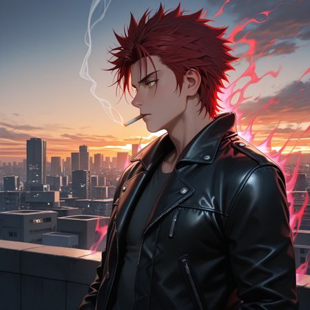 masterpiece, best quality, amazing quality, absurdres, newest, detailed background, definition so sharp, Ultra-HD, 8K cinematic, very awa, impressionate, amazing quality, highres, 
solo, male focus, manly, 
1boy, spiked hair, short hair, mikoto_red hair, mikoto_yellow eyes, mikotosuoh, profile, looking away, thoughtful expression,casual wear, leather jacket, rooftop, city skyline, sunset, wind, cigarette, smoke, deep in thought, powerful aura, silent threat