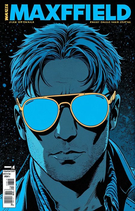 a comic cover of a man in blue sunglasses, text "Maxfield", outline, best quality, masterpiece, cbcmkrsdxl, comics logo,  <lora:cbcmkrsdxl:0.9>, dark,