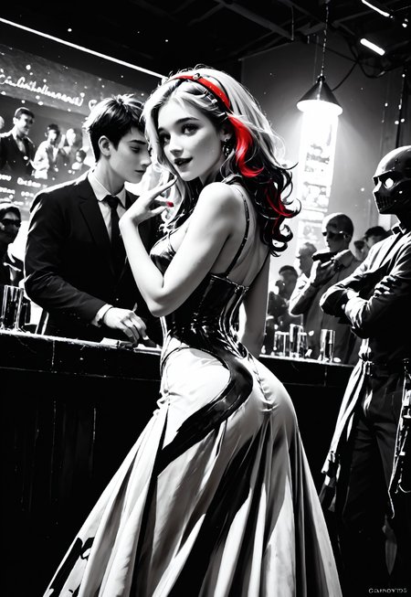 (((Girl seduces robots, threesome, mmf, 2boys 1girl))), rear view,

score_9, score_8_up, score_7_up, Realistic, cinematic shot, selective color, monochrome background, grayscale, 4k, Gadget, 

1girl, 20yo, blonde, correct hand anatomy, red hair highlights, front highlights, wide face, perfect face, stunning, breathtaking face, detailed face, expressive eyes, extremely cute, medium boobs, round stomach, sexy, happy, pleasure, flirty, flirting, coquette, sensual, seductive, dancing,

Pear-shaped figure, short female, stocky, perfect round butt, wide hips, narrow waist, strong legs, thick thighs, long legs, short torso, narrow shoulders, 

exotic outfit, light skirt, long skirt, belly dancing, suggestive, sensual, hand on robot, grinding  against a robot, robot focus, metal against skin,

(Multiple robots, robot, rust, watching girl, aroused),

Cantina, nightclub, middle east, clay hut, alien world, Multiple strange life forms, intergalactic species, strong, extra-terrestrial, everyone, dim light,

Detailed background, black and white background , indoors, dusty,

highres, absurdres, in focus, hetero,

easynegative, CyberRealisticPony_POSV1, Stable_Yogis_PDXL_Positives, negative_hand, ALRGFC, alluring face, realistic, Gadget, SelectiveColorStyle, 1colorpop, 2colorpop