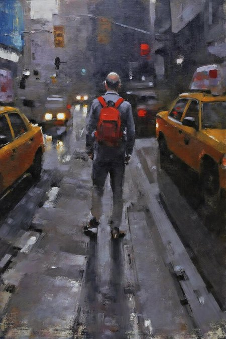 marklague1 painting.
A city street at night, with several cars, including a yellow taxi. A person with a red backpack stands in the middle. The background includes buildings in blue and gray and some traffic lights. <lora:marklague1_cap_d8a4e12:1.0><lora:855115728917906301:0>
