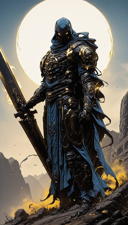 holding weapon, fighting stance, holding  buster sword,huge weapon,, WCG-Illu,, kaarea masterpiece, best quality, high quality, ultra-detailed, realistic,  traditional media, vivid_color, high contrast, speed lines, move_effects, action Create a detailed digital artwork of a menacing, armored figure standing atop a rocky terrain. The figure is clad in dark, metallic armor with gold accents, and wields a long, ornate sword with a golden hilt. The armor is intricately designed with sharp, angular features, and the figure's face is obscured by a hood, adding to the enigmatic aura. The background features a dramatic sky with hues of orange and gray, suggesting either dawn or dusk. The overall style should reflect dark fantasy or gothic themes, with a focus on creating a sense of foreboding and mystery. solo, 1boy, holding, standing, full_body, yellow_eyes, weapon, horns, sword, holding_weapon, cape, armor, no_humans, glowing, holding_sword, helmet, gauntlets, glowing_eyes, fantasy, full_armor,    holding weapon, fighting stance, holding  buster sword,huge weapon,, WCG-Illu,, kaarea