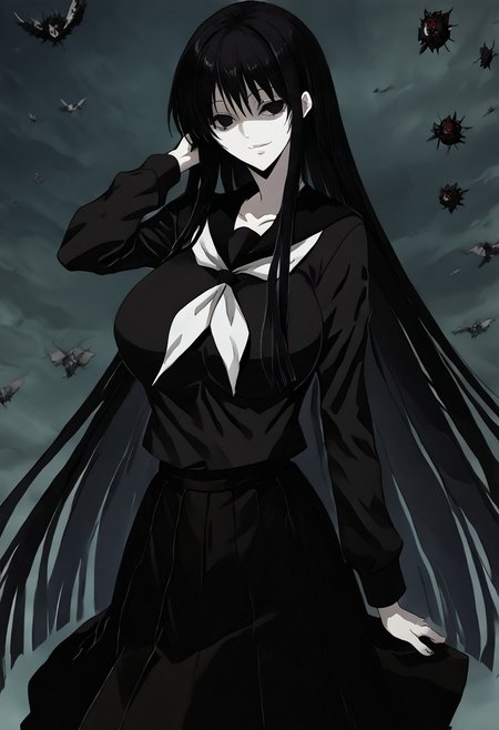 score_9, score_8_up, score_7_up, score_6_up, score_5_up, score_4_up, source_anime, 1girl, 1others, solo, 
hagoromogitsune, smile, empty eyes, black hair, huge breasts, very long hair,
school uniform,black serafuku,serafuku,black shirt,black skirt, 
masterpiece, best quality, very aesthetic, absurdres,