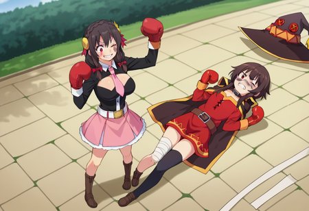 boxing gloves, red boxing gloves, <lora:girlsboxingdownlorapony1-000100:0.3>, gbdown, full body, score_9, score_8_up, score_7_up, source_anime, 2girls, outdoors, landscape, BREAK
<lora:konosuba-yunyun-s1s2-ponyxl-lora-nochekaiser:0.5> yunyun, black hair, hair ornament, red eyes, bow, braid, crown braid,
skirt, thighhighs, long sleeves, necktie, belt, clothing cutout, cleavage cutout, pink skirt, pink necktie,  zettai ryouiki, large breasts,
shoes, arms up, smile, happy, standing, (bruised eye:1.2), (bruise on face:1.1), one eye closed, clenched teeth, BREAK
konosubamegumin, <lora:konosuba-megumin-s2-ponyxl-lora-nochekaiser:0.3>, megumin, short hair, black hair, red eyes, short hair with long locks,
thighhighs, gloves, hat, dress, belt, black thighhighs, cape, collar, witch hat, bandages, red dress, single thighhigh, asymmetrical legwear, bandaged leg,
lying, on back, lying on back, (bruised eye:1.2), (bruise on face:1.1), one eye closed, clenched teeth,