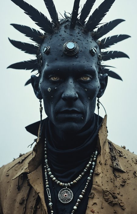 shaman of the many extra eyes , dust, dirt,high contrast,minimalistic,  stark,dramatic,silhouette style, close up , Tim Walker, Jamie Hewlett<lora:Cyberpunk _Anime_V2_light_version-SDXL:1>
