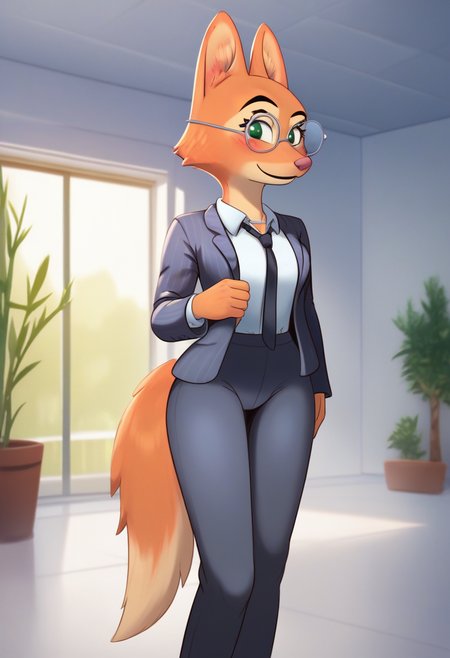 zPDXL, score_9,score_8_up,score_7_up,_up,source_cartoon, best quality, amazing quality, masterpiece, 1girl, looking at viewer, solo, fullbody, cute, blush, smile, <lora:DianeFoxington:0.8> , diane foxington, green eyes, orange fur, fox girl, jewelry, indoors, room, plant, formal, white shirt, collared shirt, glasses, suit, jacket, long sleeves, black necktie, pants, fox tail,  johnmarten, <lora:johnmarten:1.2>