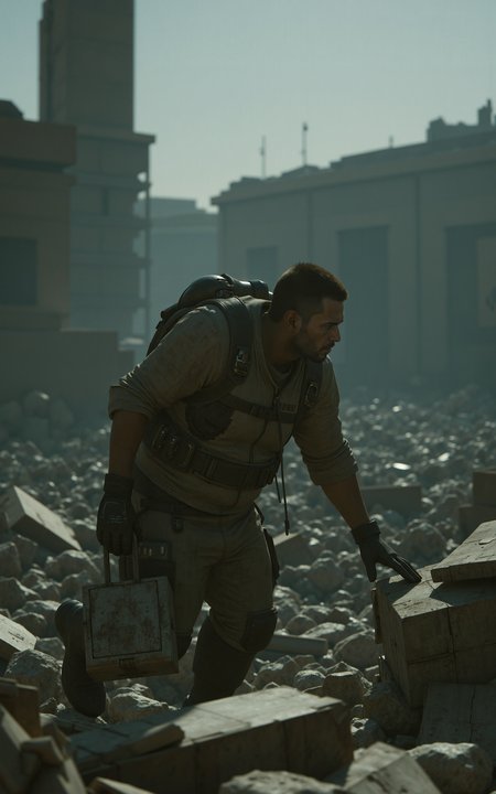 A lone scavenger searching for supplies in the ruins of a collapsed city,side-view close-up shot,focused on the searching action. Wearing a tattered survival outfit with makeshift armor,the rescuer lifts debris with gloved hands,dust and dirt covering their face. The ruins in the background are engulfed in a smoky haze,with remnants of civilization scattered around. The atmosphere is tense,evoking a sense of struggle and survival. Dark,moody,cinematic,high detail.,
<lora:kcyberpunk-01:0.6>,kcyberpunk,