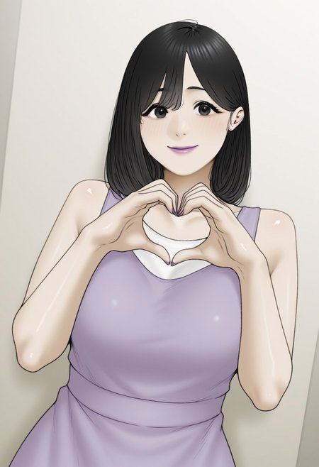 tantanmen, , 1girl, solo, medium build, medium hair, sfw, safe for work, covered skin, flowy dress,  black eyes, purple lipgloss, smiling, portrait, upper body, heart hands, mature female, foreshortening, detailed, newest, shiny skin, cowboy angle, solo focus, medium breasts,
,