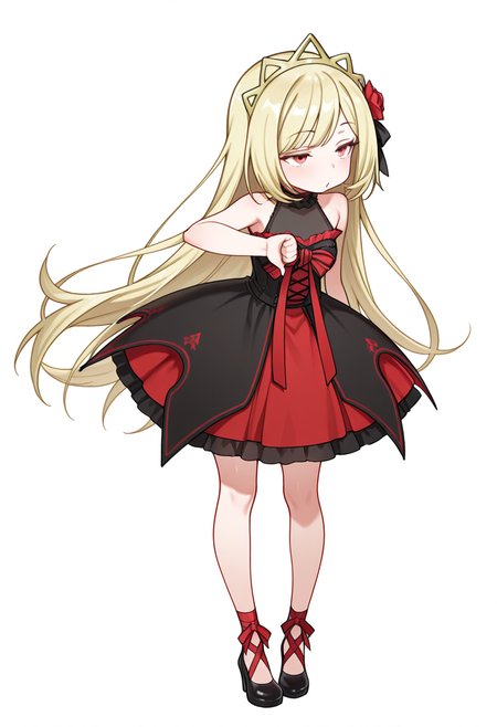 Smooth Quality,masterpiece,very intricate, high quality details, ultra realistic, high detailed skin,detailed enviorement,absurdres,
thumbs down,
 <lora:Ecute_CNR:0.8> ecute_cnr, 1girl, blonde hair, very long hair, red eyes, bare shoulders, black dress, sleeveless dress,  gothic fashion,tiara, hair flower,black footwear,, simple background, white background, front view,solo,, fucked silly,