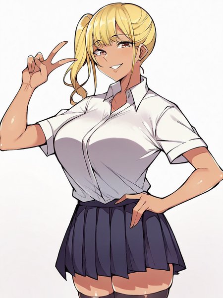 score_9, score_8_up, score_7_up,  
1girl, blonde hair, side ponytail, dark-skinned female, brown eyes, large breasts,

standing, white shirt, short sleeves, pleated skirt, thighhighs, school uniform, smile, v, parted lips, looking at viewer, white background,