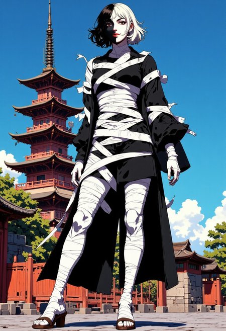 A striking full-body portrait of a woman wearing extraordinary attire made entirely of wide bandage-like wrappings reminiscent of those used to bind legendary swords. These bandages, uniform in width, wrap chaotically around her form – some diagonally, others horizontally, creating an asymmetric pattern of stark black and white. The wrappings start at her wrists, spiraling up her arms, across her torso, and end just above her knees, forming a form-fitting silhouette that accentuates her figure. she also wears a sleeveless coat that extends to her knees, flowing dramatically  yet leaving her bandage-wrapped arms fully exposed. Her feet are adorned with traditional wooden geta sandals – one completely black, the other purely white – elevating her stance.
Her face is a masterpiece of theatrical makeup – painted in diagonal split pattern. One half gleaming white, encompassing her entire left eye, half her nose, and part of her lips, while the remaining portion is painted pitch black. 
Her hair consist of jet black on the left side and pure white on the right, cut with precision to maintain the perfect division. She stands with one hand confidently on her hip, her posture exuding power. Her expression combines an arrogant smirk with a condescending gaze, challenging the viewer.
Behind her stands a traditional Japanese  pagoda enhancing the cultural fusion of her avant-garde appearance with traditional elements.