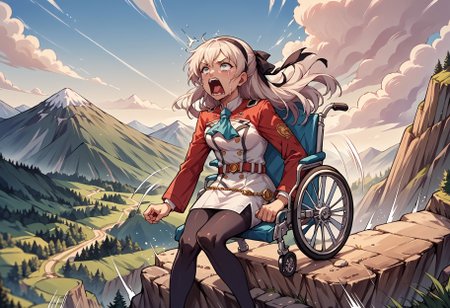 score_9, score_8_up,score_7_up, source_anime, 
BREAK
mountain,speed lines, blurry background,hill, cliff, 
BREAK
wheelchair, sitting, speed lines, flying, 
BREAK
sitting,zeroElie, black hairband, hair ribbon, long hair, ascot, uniform, long red sleeves, white dress, pencil skirt, belt, black pantyhose, white boots, aquascreaming, screaming, open mouth, crying with eyes open,
<lora:Wheelchair_XLPD:0.8>
 <lora:elie-pdxl-nvwls-v1:0.8>  <lora:concept_aquascreaming_ponyXL:0.8>