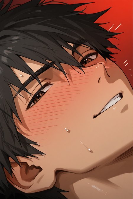 realistic shading, dark environment, dim lighting, male focus, seductively looking at viewer, expressive face, doujouts, black_doujouts_male hair, brown_doujouts_eyes, half-closed eyes, 1boy, naughty face, smirking, teeth, drunk, blushing, shiny skin, wet, sweating, sweatdrop, extreme close-up, eye focus, simple plain red background, dutch angle, dynamic angle, fidgetting, motion lines, intricately detailed illustration, depth of field, masterpiece, best quality, amazing quality, very aesthetic, absurdres, newest, anime screencap
