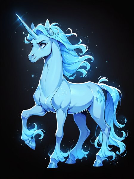 score_9, score_8_up, score_7_up, score_6_up, score_5_up,  <lora:p4tr0nusXLP:1> p4tr0nus, no humans, glowing, black background, blue theme, unicorn,