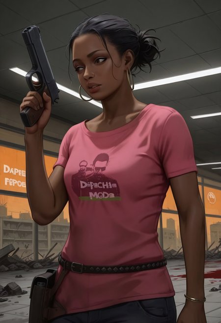 masterpiece, best quality,  BREAK, dynamic angle, 1girl, solo, rochellel4d2, black hair, dark skin, pink shirt, hoop earrings, belt, covered in blood, holding pistol, orange lighting, mall, abandoned, zombie apocalypse, detailed scenery