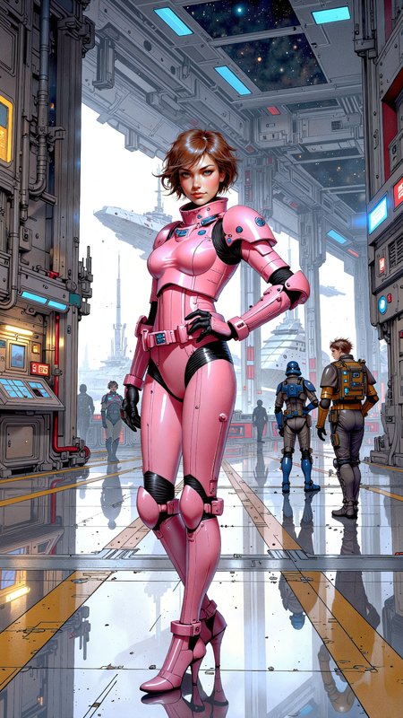 High-resolution anime-style illustration with bold painterly textures and subtle watercolor influences, blending soft washes with crisp sci-fi details. A cute young woman stands confidently in a sleek, form-fitting pink Stormtrooper outfit in the massive hangar of a futuristic battleship. Her messy short bob frames her playful yet determined smirk as cool white and neon blue lights reflect off her polished armor. She strikes a bold pose, one hand on her hip while the other rests on her utility belt, exuding effortless confidence. Behind her, the vast spaceship hangar stretches toward an open docking bay, revealing the endless expanse of space, scattered with distant stars and approaching spaceships. The metallic floor gleams under flickering control panel lights, while maintenance droids and personnel move in the distance. Soft watercolor shading blends the crisp sci-fi aesthetic with a dreamy, cinematic atmosphere, balancing the high-tech environment with a touch of surreal beauty <lora:car1ar1_cap_d6a3:0.6> <lora:FluxMythV2:1.2> <lora:Dorota_Pietrowiak:0.6>