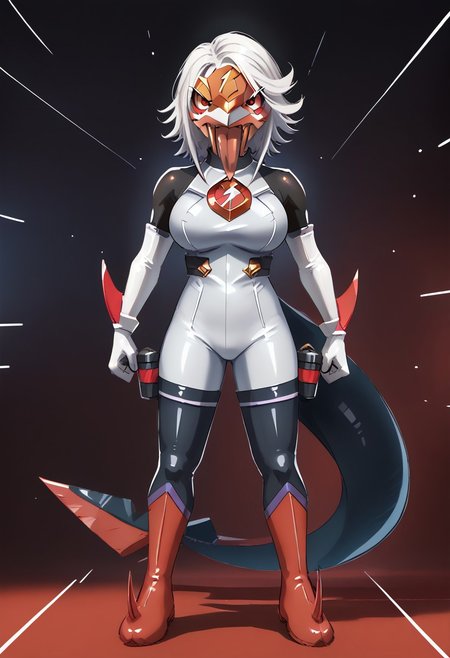 Score_10, score_9, score_8, full body, solo, 1girl, mature female, curvy, large breasts, shyhero, gloves, looking at viewer, elbow gloves, mask, white gloves, white hair, red eyes, white leotard, thigh boots, poisonfang, bodysuit, fangs, tongue, tongue out, tail, gloves, red gloves, boots, red footwear