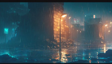 REMEMX,
REMEMX,no humans,outdoors,letterboxed,rubble_ruins,bricks,sign,modern,cold light,lamppost,night,rain,puddles,rainstorm,
outdoors,<lora:REMEMXv1-000002:1>,