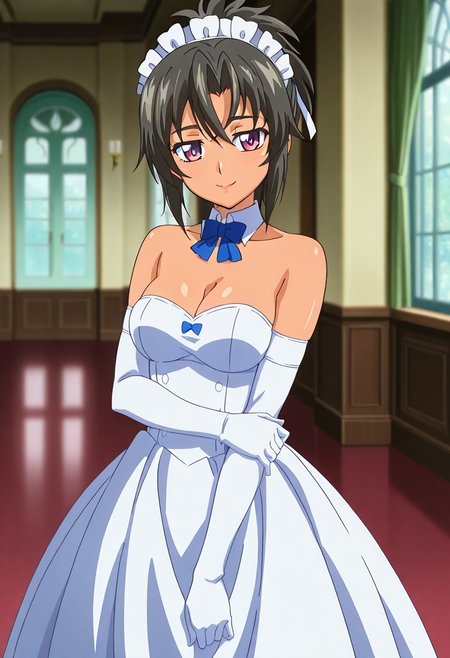 masterpiece, best quality, amazing quality, very aesthetic, absurdres, suzukimirano, anime coloring, source anime, indoors, ballroom, blurry background,
BREAK 
1girl, CynthiaSagrit, purple eyes, dark-skinned female, black hair, standing, seductive smile, maid, white strapless dress, beautiful dress, white elbow gloves