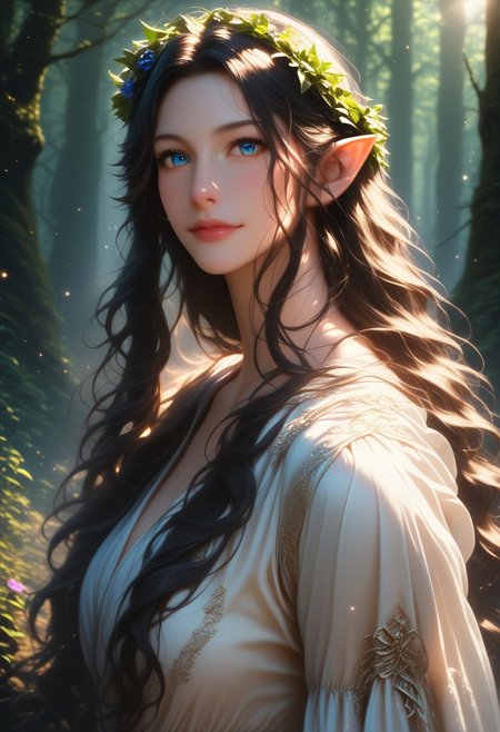 (score_9, score_8_up, score_7_up), 1girl, MILF, solo, gorgeous girl, detailed face, kawai girl, Expressiveh, <lora:add-detail-xl:1>, cute face, cute girl, Curvaceous Physique, easynegative, forest,tall trees, fog,  enchanted forest,  perfect quality, high quality, ambient occlusion, raytracing, source_anime, shining glossy skin, soft lighting, realistic skin, blum effect, masterpiece, absolutely eye-catching, 
 Lúthien, (masterpiece), best quality, expressive eyes, perfect face, black hair,  ((pointy ears:0.6)), perfect eyes, silhouette, light particles, view from side, long flowing hair, ((Lord of the Rings elven dress intricate)), simple medival dress, linen dress, flower crown, steam, fog,