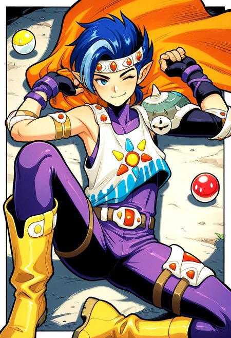 masterpiece, best quality, amazing quality, very aesthetic, absurdres, newest, curtisffl3, 1boy, male focus, blue hair, pointy ears, jeweled headband, orange cape, single pauldron, loose shirt, multicolor shirt, elbow pads, gray fingerless gloves, purple bracelets, sleeveless purple bodysuit, belt, thigh armor, yellow boots, hands up, wink