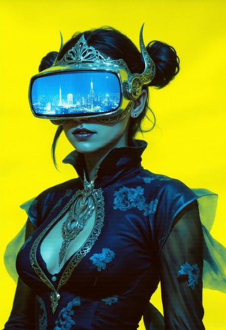 (This is a high-resolution photograph) A young woman with alabaster skin and a hauntingly elegant presence wears a striking futuristic VR headset that fully obscures her face. The headset is sleek metallic silver with a curved, panoramic screen displaying a neon-lit aerial view of a sprawling cyberpunk city at night, its glowing streets and towering skyscrapers stretching into the distance. Her long, midnight-blue hair is styled into two elaborate buns, secured with sharp, chrome-plated hairpins resembling gothic spires. She dons an avant-garde gothic ensemble—a flowing, deep violet high-collared dress with dramatic, asymmetrical layers of sheer fabric, adorned with intricate silver filigree and embroidered dark roses. The dress’s structured corset-like bodice accentuates her form, blending Victorian elegance with futuristic design. Her lips are painted metallic black, contrasting sharply with her pale complexion. The background is a bold, vivid yellow, creating a striking juxtaposition against her dark attire and the glowing, high-tech visor, heightening the surreal fusion of gothic fashion and advanced technology.