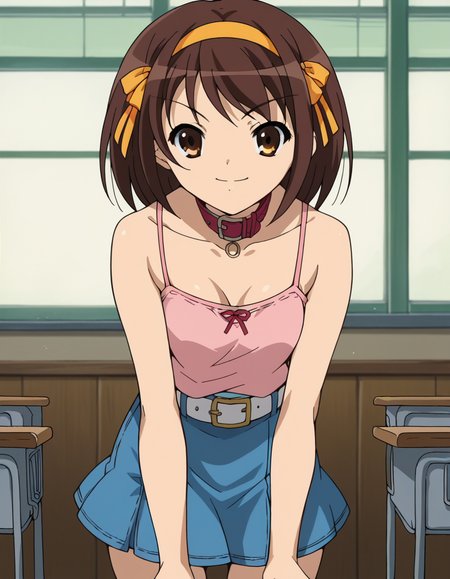 score_9, score_8_up, score_7_up, source_anime,
haruhisuzumiya,  <lora:haruhi-suzumiya-s1-ponyxl-lora-nochekaiser:1>,
haruhi suzumiya, short hair, brown hair, brown eyes, hairband, medium hair, ribbon, hair ribbon,
skirt, casual, camisole, pink camisole, bare shoulders, collar bone, belt, white belt, skirt, denim skirt, short skirt,
indoors, classroom, bent over, smile,
looking at viewer, cowboy shot, solo,