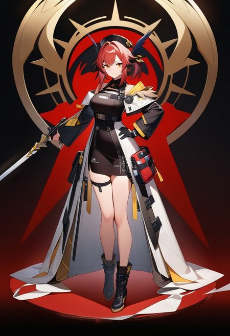 masterpiece, 1girl, ARKNIGHTS ELITE, black background, red hair, fullbody