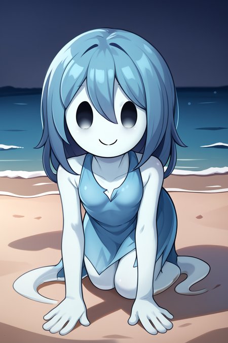 score_9, score_8_up, nsfw, score_7_up, <lora:Spooky:0.9>  spooky (sjm), ghost girl, solid oval eyes, smile, transparent, colored skin, long blue hair, small breasts, blue dress, solo, on all fours,, beach, sand, ocean, water,