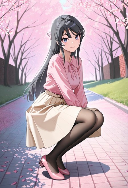 masterpiece, extremely detailed, best quality, amazing quality, newest, super detailed skin, 1girl, solo, mai sakurajima, long hair, black hair, bangs, purple eyes, hairclip, rabbit hair ornament, pink blouse, beige skirt, ribbon belt, soft pleats, modest outfit, elegant casual fashion, tights, pink shoes, spring setting, cherry blossom trees, pink petals, brick path, green grass, cinematic composition, soft lighting, gentle smile, natural pose, looking at viewer, photorealistic anime style, high detail, depth of field, pastel tones, morning light, detailed eyes
