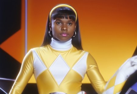 female yellow power ranger Aisha, straight hair, yellow hairband, fringe, alone, helmetless, uniform, white turtleneck collar, white gloves belt, serious facial expression, mouth closed, mouth shut, in megazord, hyperdetailed photography