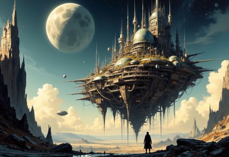 An abandoned city floating in the void of space, constructed from a fusion of organic and metallic structures. Each building appears alive, with pulsating roots that throb like massive veins. In the sky, a warped moon made of eyes and mouths watches the scene eerily. The shadows cast by the light of a dying sun seem to move independently from the figures that create them
