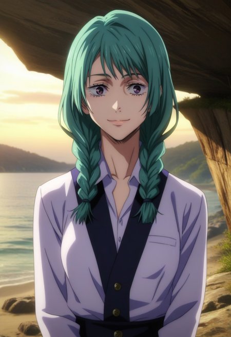 score_9, score_8_up, score_7_up, source_anime, intricate details, anime screencap, perfect balance, official art, extremely detailed CG unity 8k wallpaper, perfect lighting, Colorful, Warm_Front_face_Lighting, (masterpiece:1.0),(best_quality:1.0), ultra high res,4K,ultra-detailed, photography, 8K, HDR, highres, absurdres:1.2, Kodak portra 400, blurry background, bokeh, lens flare, (Anime) (vibrant_color:1.2), professional photograph, night, (good_face:1.2), 2d, anime, upper body, intricate iris, American, 1960s, 1970s, Professional character design, 1girl, female focus, (vibrant amethyst purple eyes), perfect eyes, (bright green-teal hair), (Long Silky smooth hair), (pretty hair), (beautiful hair), (straight bangs), braided hair, preppy, white dress shirt, youthful, feminine, sultry, solo, jujutsu_kaisen_style, character portrait, (perfect-lighting, lens flare), face, torso, (Charming) (Beautiful) (Elegant) (Sophisticated smile), feminine, young, (Wealthy, manor, extravagant, ornate embellishments, coastal, shore, cliff), warm sunlight, daylight, (sunlight), (warm lighting), comfortable lighting. turquoise hair, vibrant purple eyes, amethyst eyes, slimes_mjur, wavy hair