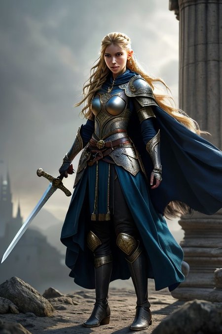 RAW photo, masterpiece, subsurface scattering, heavy shadow, high quality, intricate, high detail, professional photography, HDR, High Dynamic Range, realistic, ultra realistic, photorealistic, high resolution, film photography, ambient lighting, atmospheric effects, <lora:detail_slider_v4>, OverallDetail,  <lora:FemaleWarrior:0.65>,1girl, armor, belt, blonde hair, blue eyes, blurry, blurry background, boots, braid, breastplate, cape, castle, cloak, earrings, elf, femwa, gauntlets, gloves, holding, holding sword, holding weapon, jewelry, lips, long hair, looking at viewer, medium breasts, pauldrons, pillar, shoulder armor, solo, standing, sword, weapon