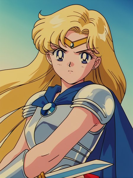 score_9, score_8_up, score_7_up,, screencap, anime coloring, retro artstyle, 
weapon, armor, sword, long hair, blonde hair, 1girl, holding, holding weapon, shoulder armor, holding sword, pauldrons, solo, closed mouth, breastplate, cape, blue eyes, gem, sky, 
 <lora:ASailorTominagaXL_style:1>, SailorMoonXL