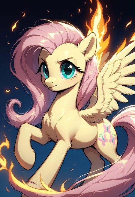 core_9, score_8_up, score_7_up, score_5_up, source_anime, Fluttershy, depicted as a powerful and magical pony with clearly equine facial features, surrounded by vibrant, glowing magical energy swirling dynamically around her. The magic radiates in shades of neon pink, fiery red, and glowing y3ll0wblu3, creating a stunning and otherworldly effect. Embers float in the air, with fiery sparks and volumetric lighting adding depth and intensity. Her expression is fierce and determined, emphasizing her strength and focus, while her mane and fur are illuminated by the radiant magic. The background is dark and shadowy, contrasting with the glowing magic and embers, enhancing the painterly and mystical art style. Ultra-detailed, cinematic composition, vibrant colors, striking contrasts, and high-quality rendering, pony-style anatomy with perfect proportions.