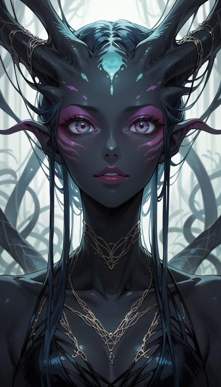 score_9, score_8_up, score_7_up, Anime Style, Portrait, alien figure, black skin, blend of organic and artificial elements, eerie atmosphere, contrasting colors and textures, natural and artificial components, alien, scifi background, dystopian, organic meets artificial, dark, depth of field, dynamic angle, fashion photography, sharp, hyperdetailed:1.15