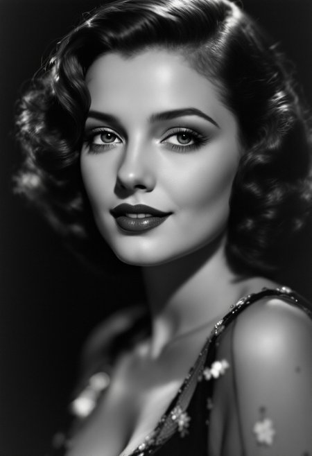 Black and white photo, a 1930s celebrity, a sensuous young woman, looking at the viewer, a little smile, close up to the face, perfect lighting, dark background
