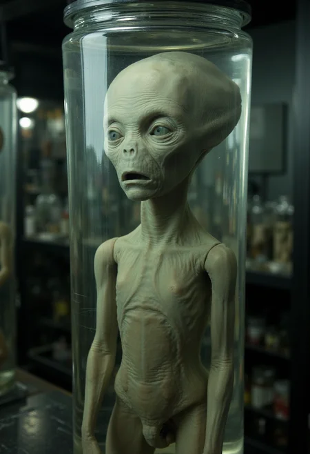 photograph of wet sample of a grey alien floating in a large cylindrical glass tank. Big head small body. Blank expression with slack jaw, parted lips and very large milky eyes. Very decomposed, pale flaky shriveled skin, very detailed, creepy atmosphere, standing in a shelf in a creepy laboratory <lora:wet_sample-000129:1>