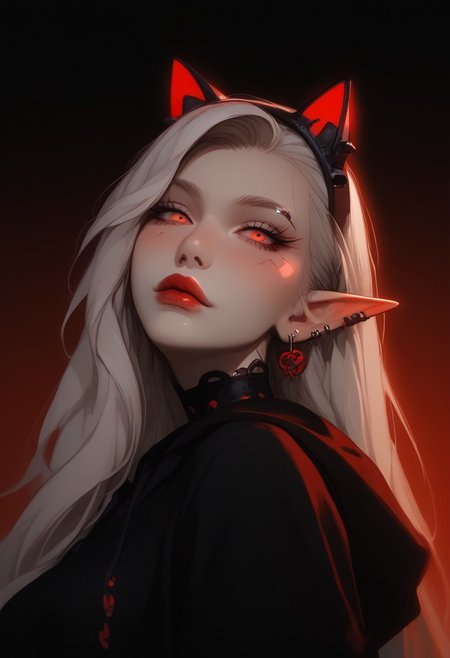 (score_9, score_8_up, score_7_up), 1egirl, solo, 20 year old,She's lying on her back
, white long hair, 1girl, elf, condescending look, pale white skin, petit, very white skin, two colored hair ((red and white hair)), red glowing highlights, Undercut right side, freckles, very detailed face, black lipstick, red fire eyes, wet skin,( slingshot string:1.2), black mini skirt, big thighs, grabbing her own boobs, ((We are looking from before her face)),skimpy hips, volumetric lighting, vibrant colors, kneeling before fireplace, kneeling, spread legs, lilandavastyle, OverallDetail, Expressiveh, fFaceDetail, g0thicPXL, glowing, neon,  view from front, below shot, focus on face, depth of field, cat onesie, natural big boobs, (j-cup), natural physics, Goth, cyberpunk horns, grabbing boobs, bite lower lip, super detailed skin, black nipple piercings, Focus on face,( no penetration:1.3), energetic pose, fishnet thighhighs, no pants, underboobs