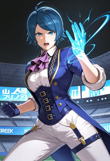 masterpiece, best quality, newest, absurdres, highres,  <lora:ElisabethBKOFIllustrious:1>,  LIBLXV,  blue eyes, blue hair, short hair, blue coat, open coat, ahoge,  blue corset, tailcoat, suspenders, white collared undershirt, ascot, gloves, sleeves rolled up, white pants, close up,  palm, fighting stance, determined, blue energy, energy trail, energy on hand, 1girl, solo,  breasts, determined, open mouth, black background, looking at viewer,  stadium, night,