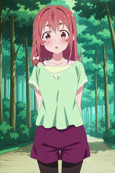 anime screencap, anime coloring, detailed face, masterpiece, best quality, very aesthetic, absurdres, volumetric lighting, official style, amazing quality, ultra detailed,  highres, amazing quality, scenery, beautiful detailed hair, beautiful detailed eyes,
 <lora:Sumi_Sakurasawa_Rent-A-GirlfriendKanojo_Okarishimasu:1>
Sumi green shirt dark purple pants (outfit), Sumi Sakurasawa (character), 1girl, solo, pantyhose, braid, shorts, tree, red hair, blush, shirt, outdoors, open mouth, green shirt, forest, black pantyhose, looking at viewer, :O, cowboy shot, red eyes