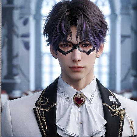 1boy,purple hair,black eyebrows,brown eyes,earring,(black domino mask:1.1),white jacket,(black patterns:1.1),grey vest,white ascot,heart pattern,white shirt,lapel pin,white pants,depth of field,gorgeous background,formal,indoors,looking at viewer,male focus,solo,masterpiece,best quality,high quality,detailed hair,detailed face,detailed skin,realistic,<lora:L&DsRafayel(ZQ)_v1.0:0.5>,
