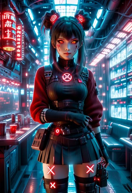 3d movie poster, cyberpunk cafe, young woman, rin tohsaka cosplay, detailed beautiful face, fingerless gloves, coat over sweater, red|black, (glowing hair buns, hair ornament), vantablack skirt, thighhighs, science fiction