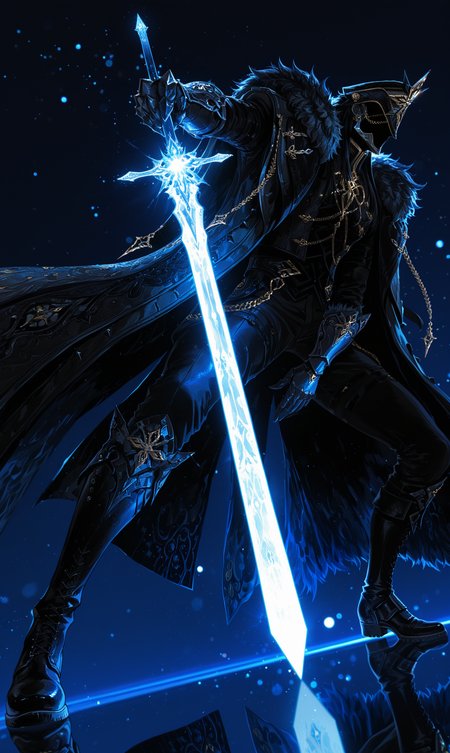 masterpiece, best quality, very awa, absurdres, highres, ultra-detailed, 8K, illustration, CG, shiny, official art, artist:mon_(monmon2133), chromatic aberration, high contrast, color contrast, cold colors, gritty, 
ilcapitano, 1boy, male focus, solo, black hair, long hair, mask, faceless, faceless male, mask, hat, black headwear, jacket, black jacket, high collar, gold trim, long sleeves, gloves, black gloves, gauntlets, coat, fur trim, fur-trimmed coat, black coat, open coat, open clothes, chain, pants, black pants, boots, black footwear, incoming attack, attacking pose, from side, dashing, sceanry, wide angle,
dark blue background, blue theme, glowing sword, (foreshortening:1.2)
 bokeh, reflection, (dramatic angle, dynamic pose, dynamic angle:1.2), light rays, hard lighting, Neon lights, Backlit lens flare, vignetting,  <lora:spo_sdxl_10ep_4k-data_lora_webui:0.6> <lora:Il_Capitano_-_Genshin_Impact:0.8> <lora:748cmSDXL:0.3> <lora:mon_monmon2133:0.4><lora:noobai_vpred_1_masterpieces_v1:0.5>