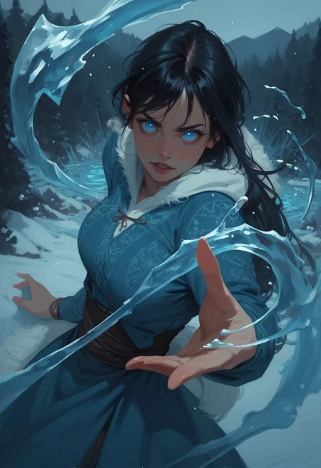 1girl, solo, black hair, blue eyes, looking at viewer, water, magic, hydrokinesis, dress, long hair, jewelry, long sleeves, hood down, hood, medium breasts, breasts, ice, blue theme, snow, plains, pale skin, depth of field,  heavy breathing, standing,  glowing eyes, fur trim,, zPDXL3, detailxl,  Score_PnyReal, (lineless:1.5)