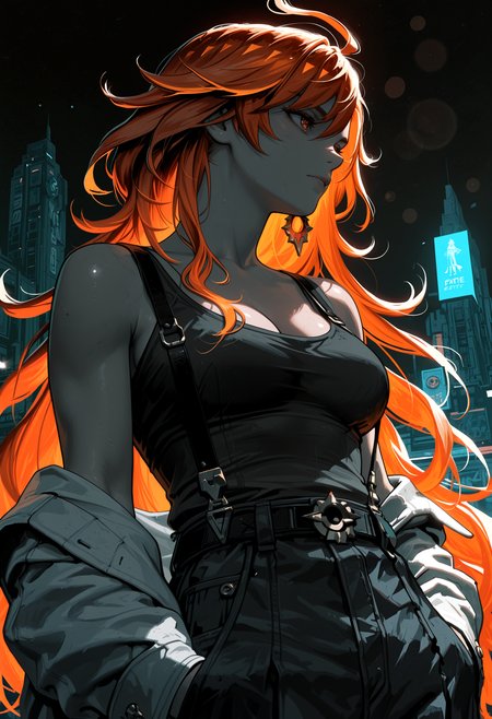 masterpiece, best quality, very aesthetic, 
Mavuika \(Genshin Impact\),red and orange hair,1girl,long hair,orange hair,multicolored hair,
round breasts, cleavage, athletic,fit, white blazer, loose tank top, suspenders, belt, loose trousers,   look away, turned head, face in profile, hands in trouser pocket, dutch angle, close up, low angle shot, slightly aside, portrait,female face focus,  
1960s style, retro artstyle, promotional art, cinematic, lens flare, dramatic contrast, futuristic cityscape, vintage sci-fi palette, 
(Sinozick_illu,gradient,spot color, )