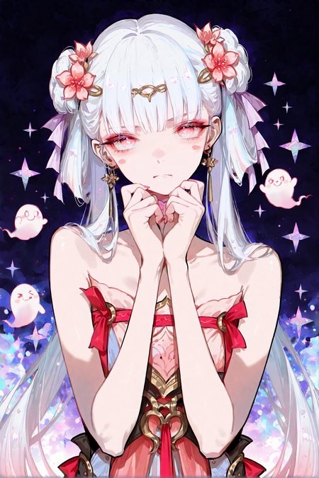 masterpiece,best quality,Good quality,very aesthetic,absurdres,newest,1girl,looking_at_viewer,blush,closed_mouth,upper_body,nail_polish,star_\(symbol\),frown,blush_stickers,short_twintails,hand_on_own_face,purple_background,ghost,straight-on,badge,yin_yang,purple_theme,smiley_face,<lora:ponyv4_noob1_2_adamW-000017:0.7>,<lora:USNR_STYLE_XL_lokr:1>,
<lora:jxnew-noob-Tanger-000014:0.8>,
jinhsi,jinhsi \(peach blossom\) \(wuthering waves\),(clothes:peach blossom pink dress,alternate costume,bare shoulders:1.2),flower-shaped pupils,1girl,hair ornament,hair flower,twintails,bangs,jewelry,very long hair,